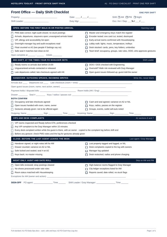 Sample page: A1 Front Office Daily Shift Checklist, page 1